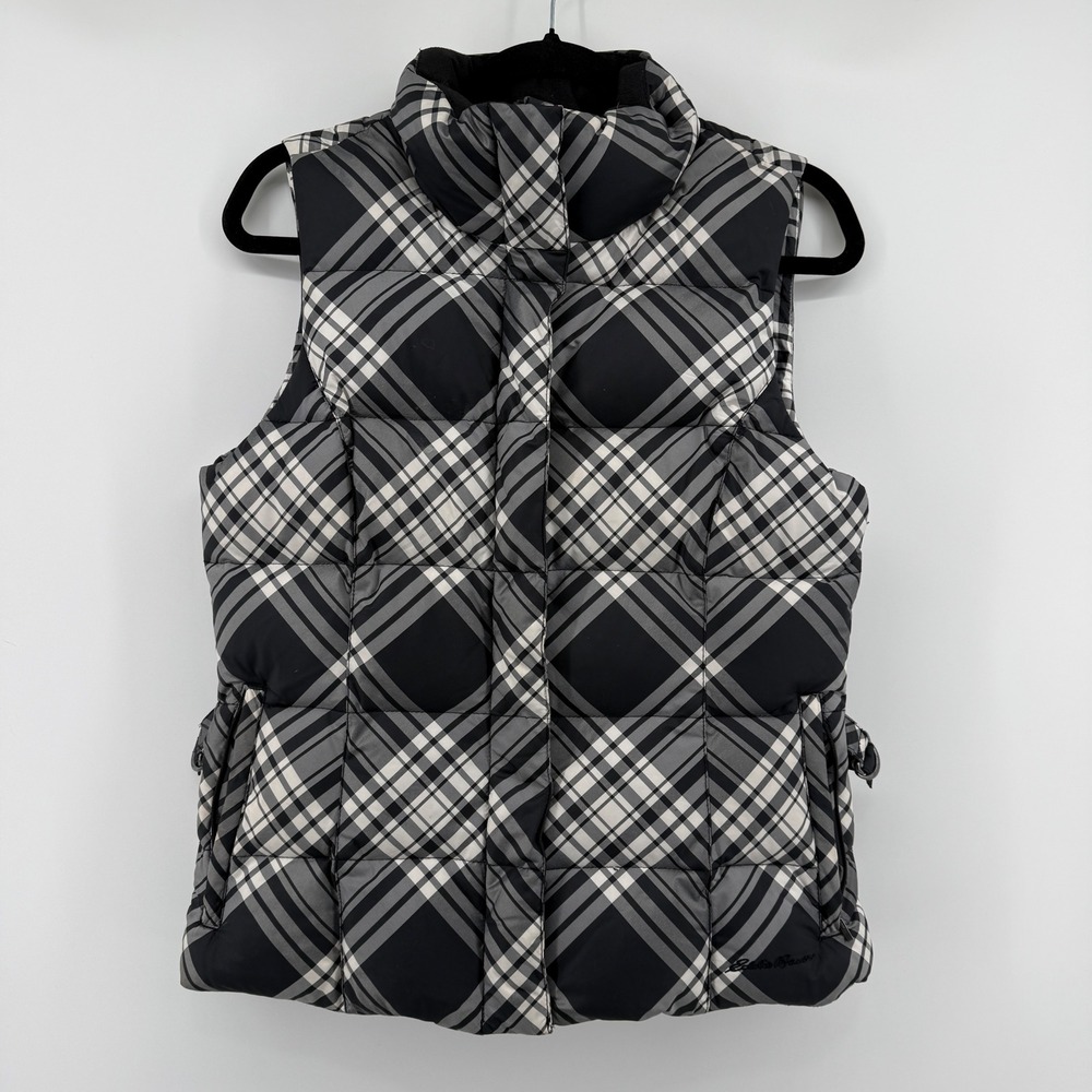Eddie Bauer Womens‎ Goose Down Puffer Vest Black White Plaid Check Small